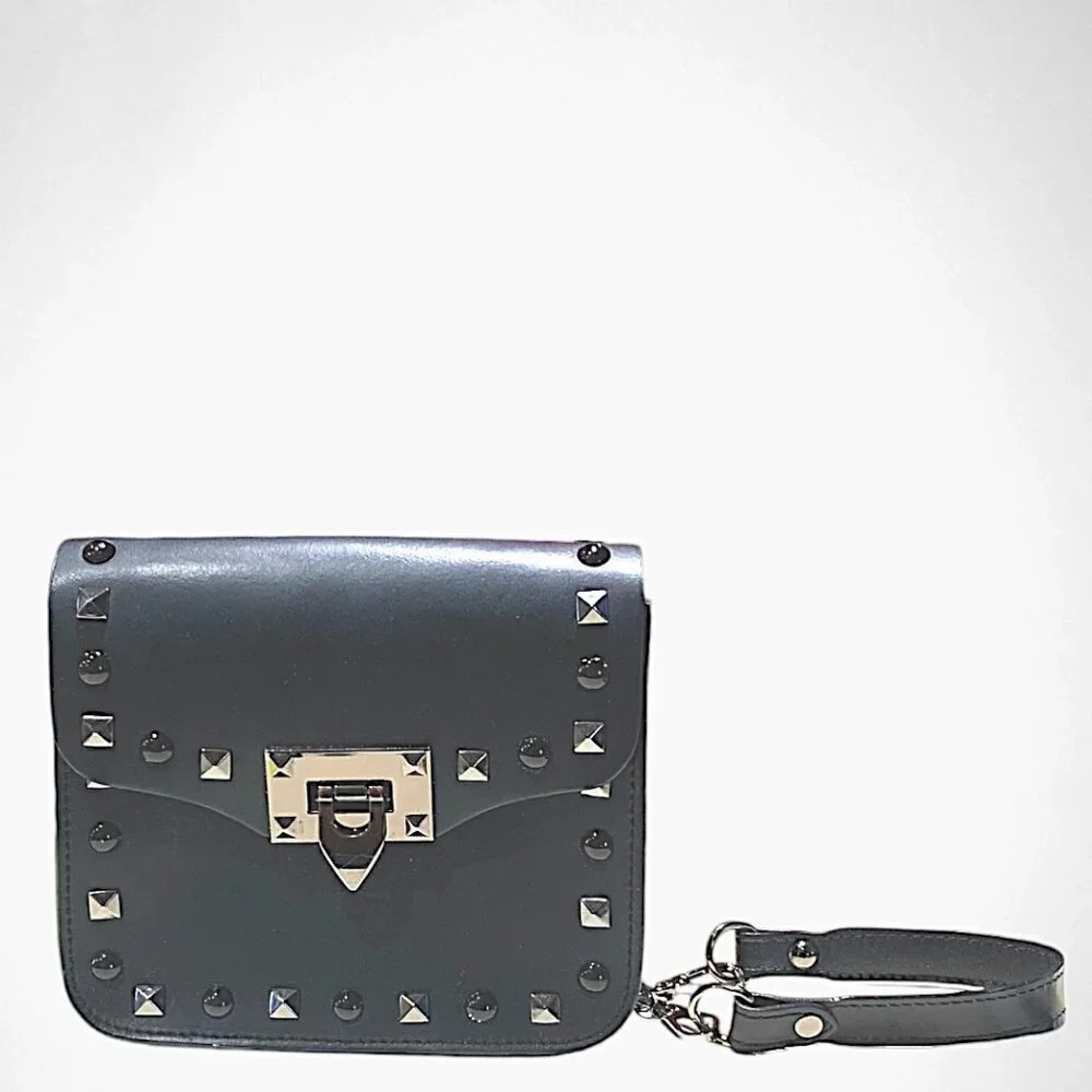 Borse in Pelle Black Studded Matte Leather Crossbody Bag w/Chainstrap